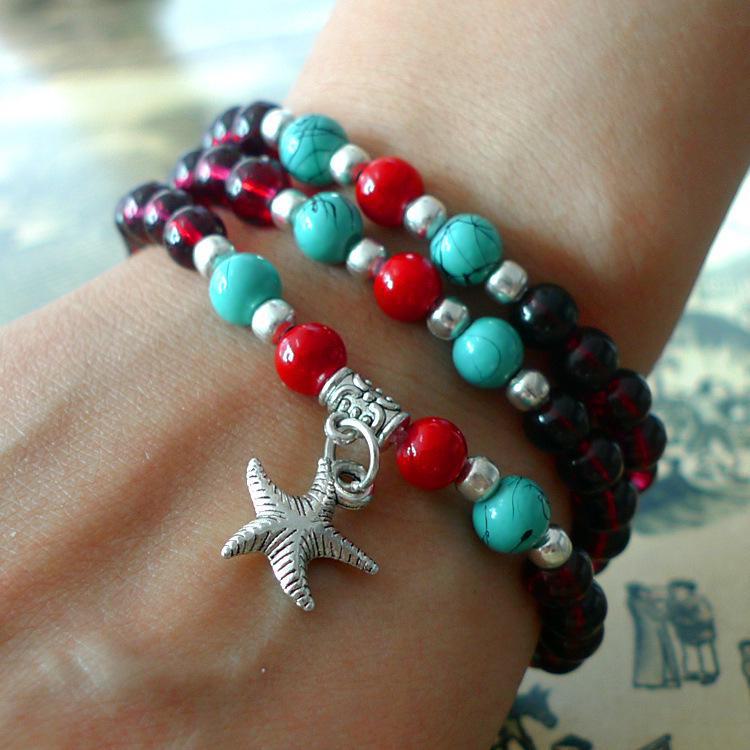 Korean Style Imitation Garnet Triple-Circle Bracelet - 6mm Multilayer Girlfriend's Jewelry