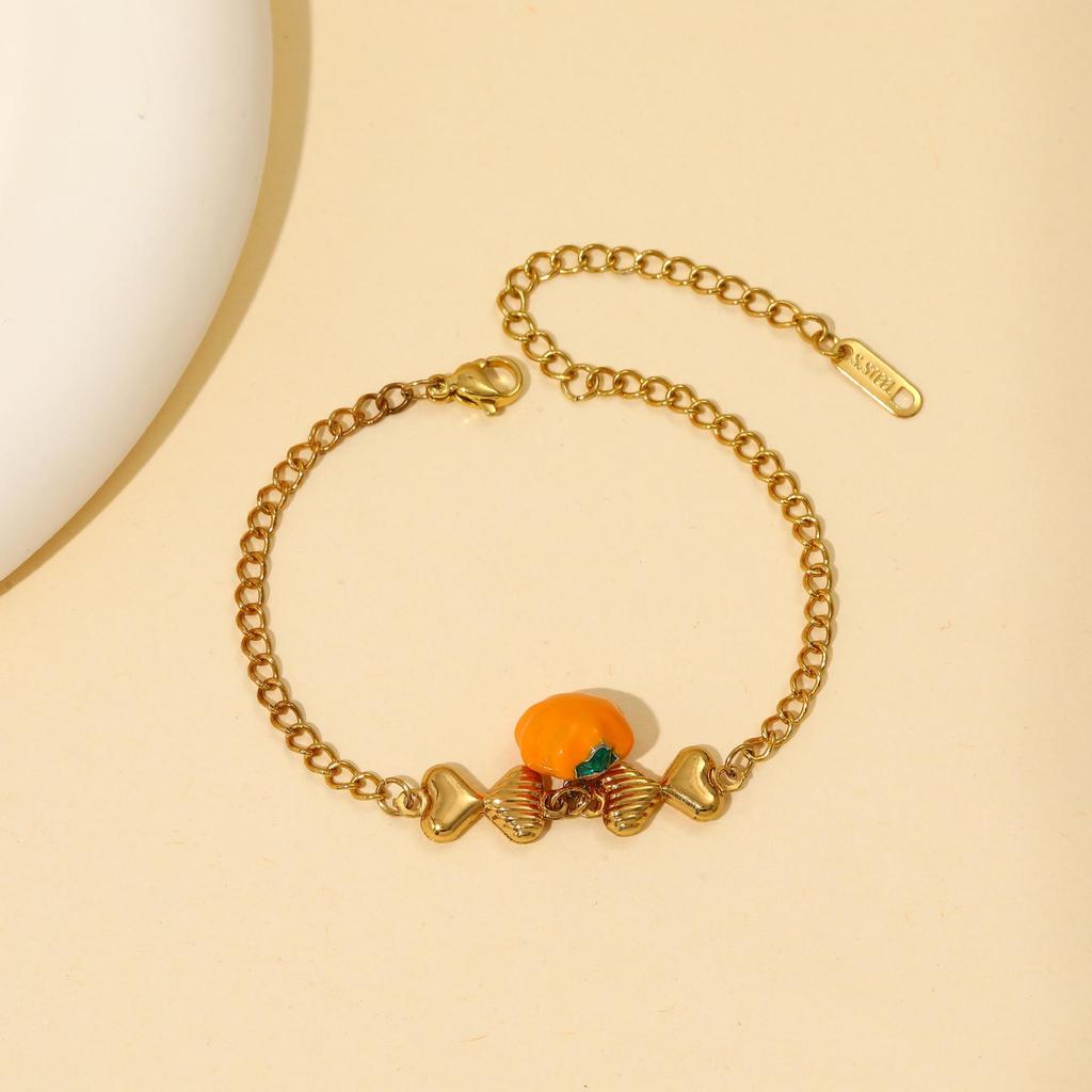 Stainless Steel Cherry Bracelet: Fresh Style, Versatile Rhinestone Inlaid with Persimmon Pendant for Women, Titanium Steel Hand Jewelry.