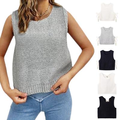 Women Knitted Vest Round Neck Sleeveless Crop Tank Bow Tie Decor Hollow