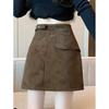 Plus Size Women's Brown Suede A-line High Waist Short Skirt for Spring & Autumn