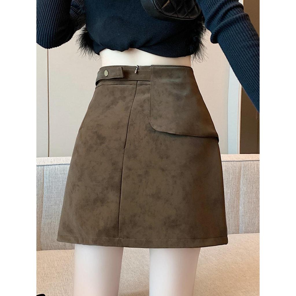 Plus Size Women's Brown Suede A-line High Waist Short Skirt for Spring & Autumn