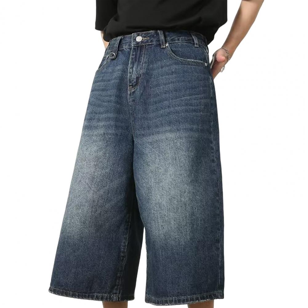 

Мужские летние укороченные джинсы со средней посадкой и застежкой-молнией на пуговицах, джинсовые брюки, градиентные цвета, широкие укороченные брюки, уличная одежда M синий