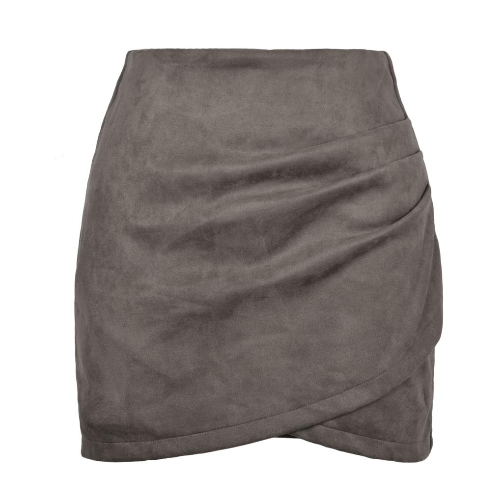 Suede Solid Color Buttocks Wrapped Skirt Pleated Irregular Zippered Short Skirt for Women's Clothing