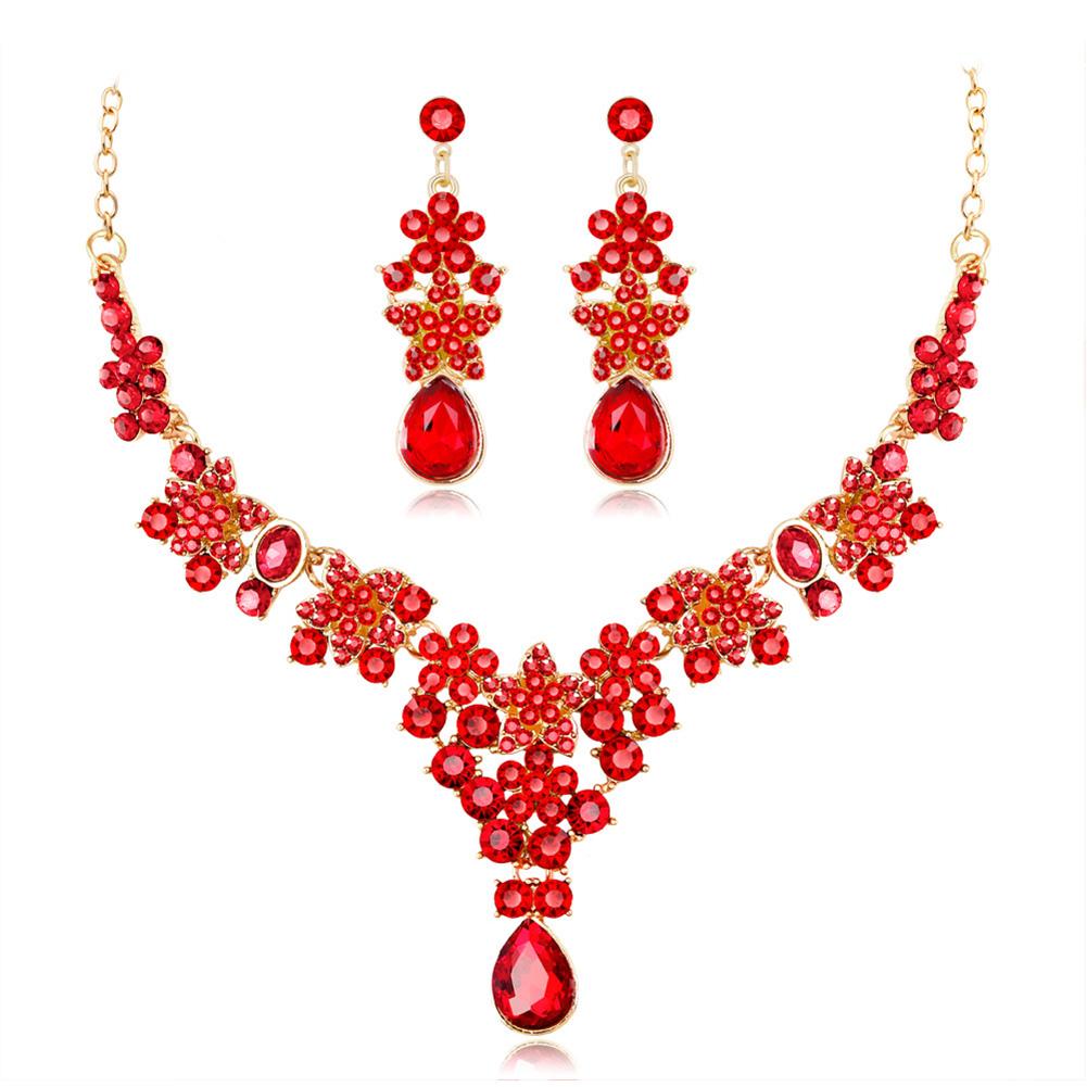 Women Bridal Multi-color Jewelry Set Elegant Fashionable Diamond Alloy Necklace + Earring Set