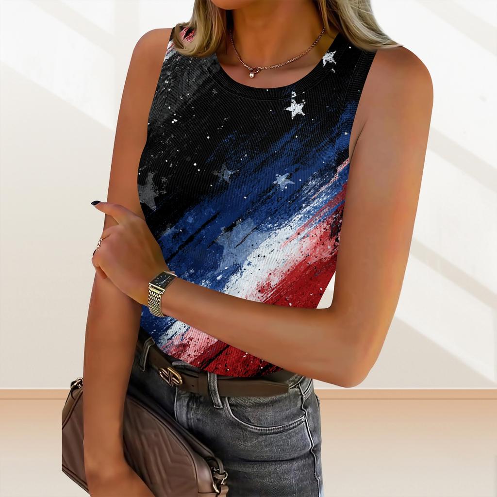 Women's Summer Fashionable Casual Independence Day Printed Round Neck Sleeveless Top Fitted Vest