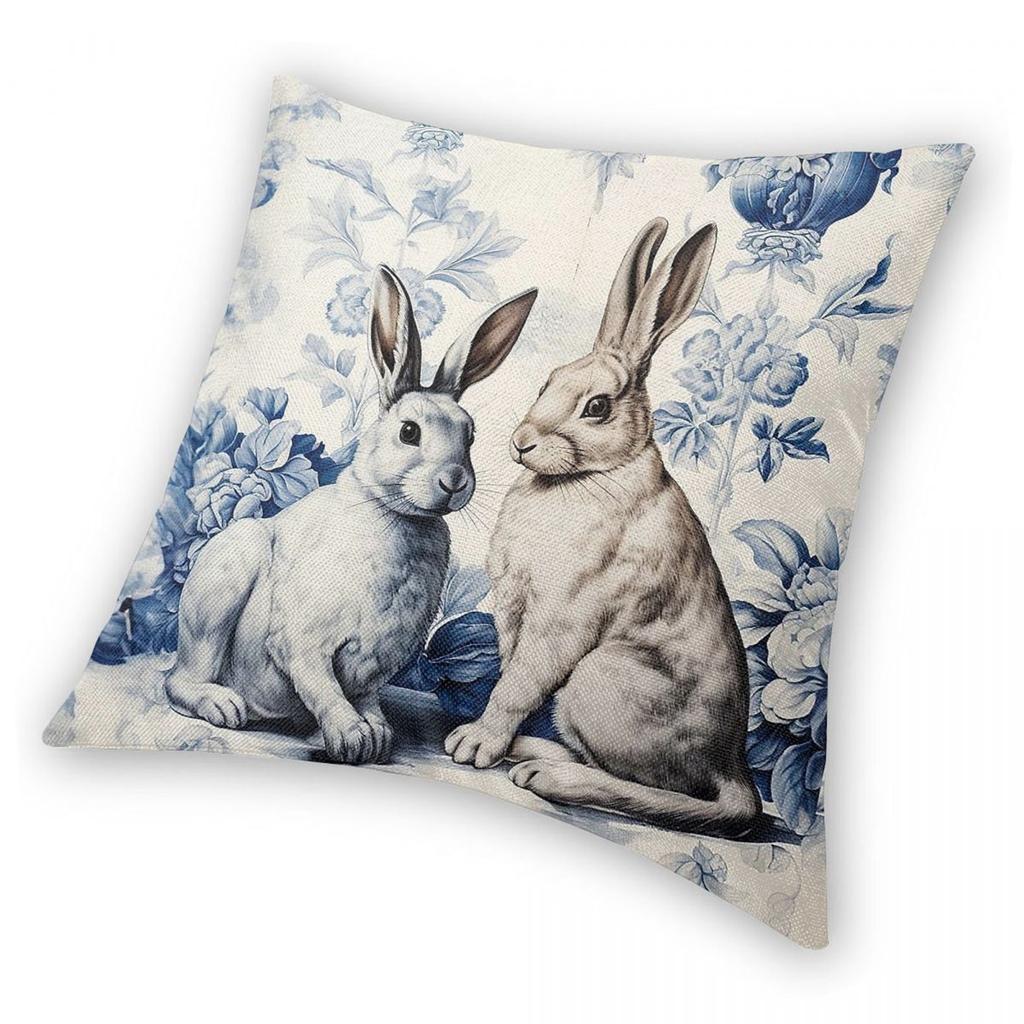 Delft Blue Two Rabbits Flower Square Pillowcase Polyester Linen Velvet Printed Decorative Throw Pillow Case Sofa Cushion Cover