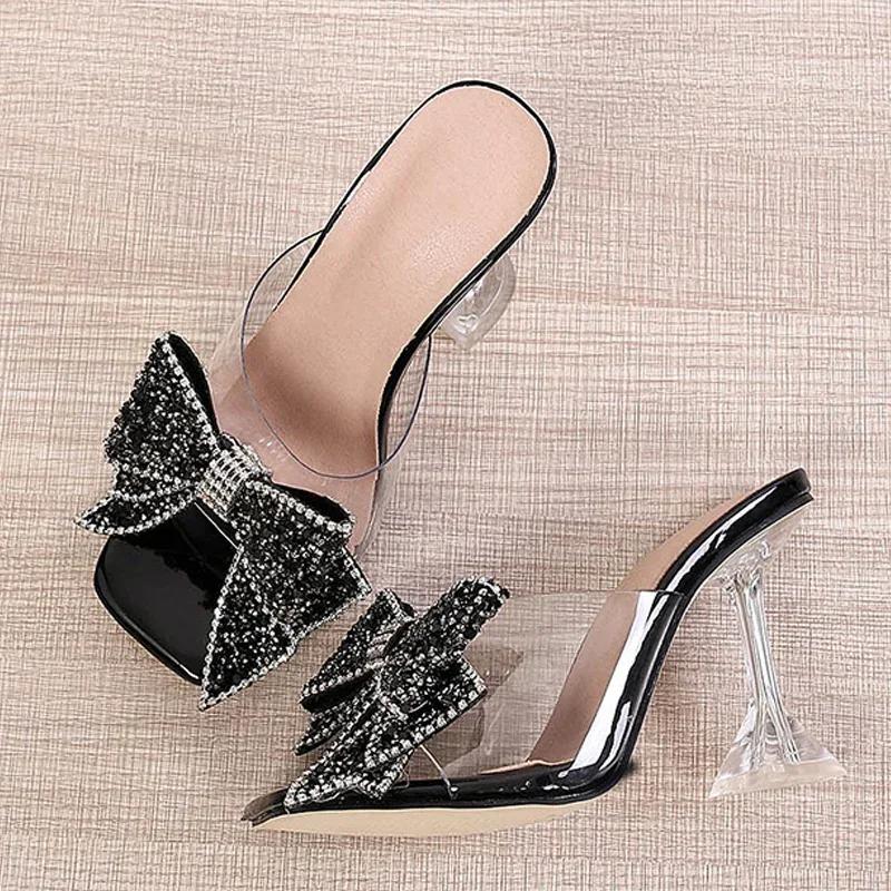 Fashion 2025 New Transparent Slippers For Women Fashion Silver Crystal Bowknot High Heels Female Mules Slides Summer Sandals Shoes