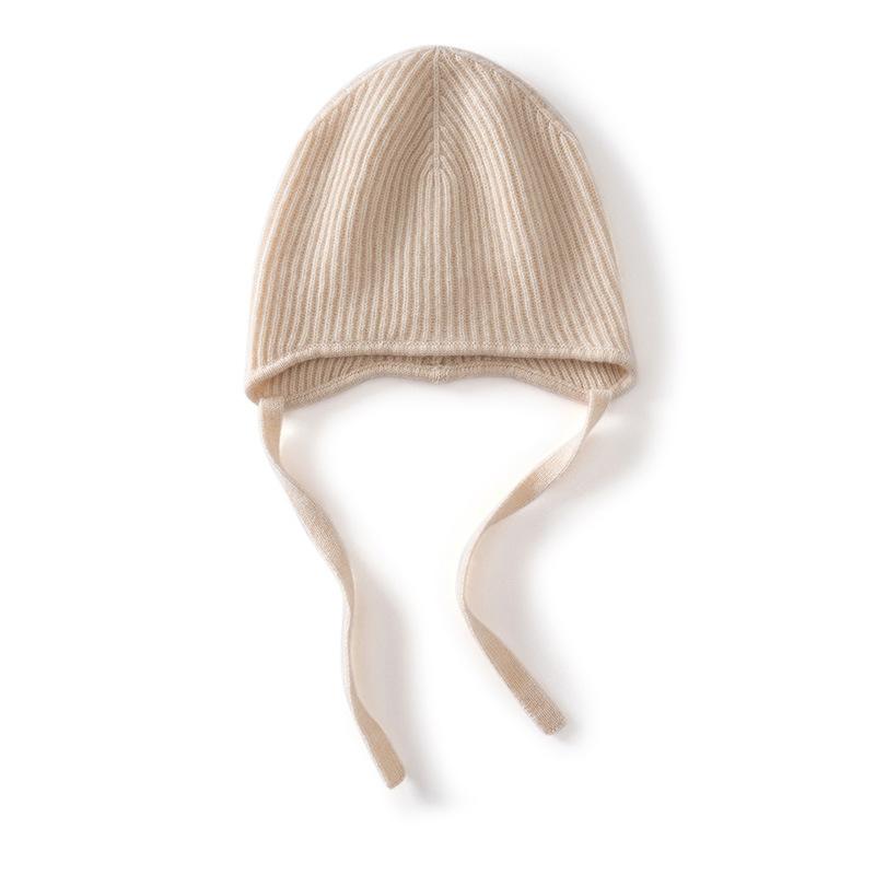 Autumn and Winter New% Pure Cashmere Hat Women's Fashion Lace-up Big Head Circumference Versatile Wool Knitted Ear Hat Tide