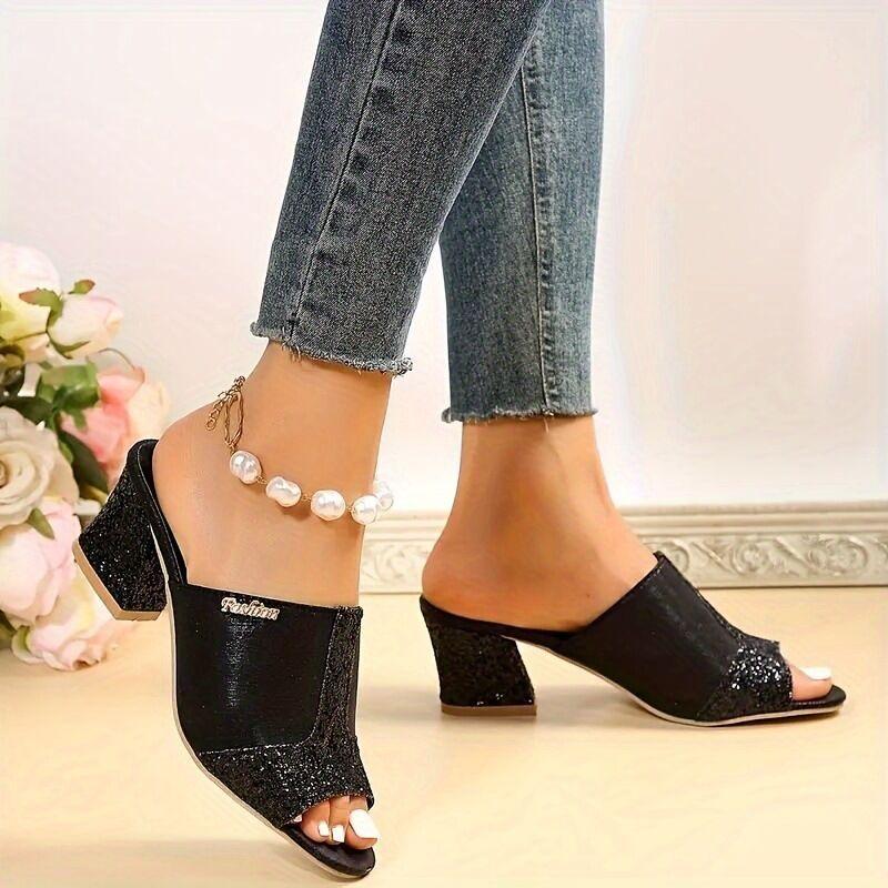 Plus Size 43 Women's Slippers Summer Fashion Sequin Slippers OuterWear Women's Thick Heel Slippers Sandals
