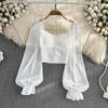 Folds Short Blouse Summer Slash Neck Long Sleeve Women Tie Halter Elastic Waist Fashion French Beach Top