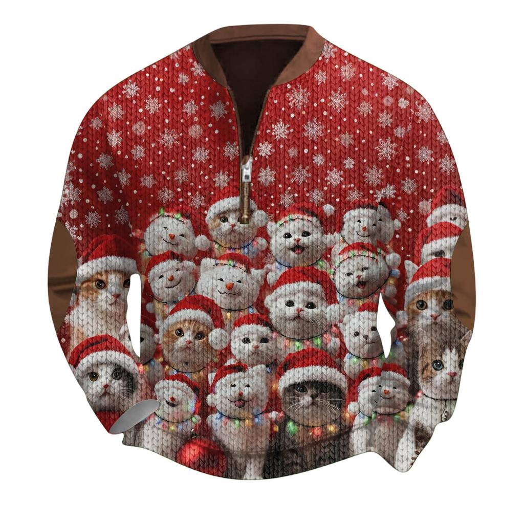 Mens Christmas Sweater Zip Up Sweatshirts Vintage Knit Graphic Sweatshirt Xmas Stand Collar Pullover
