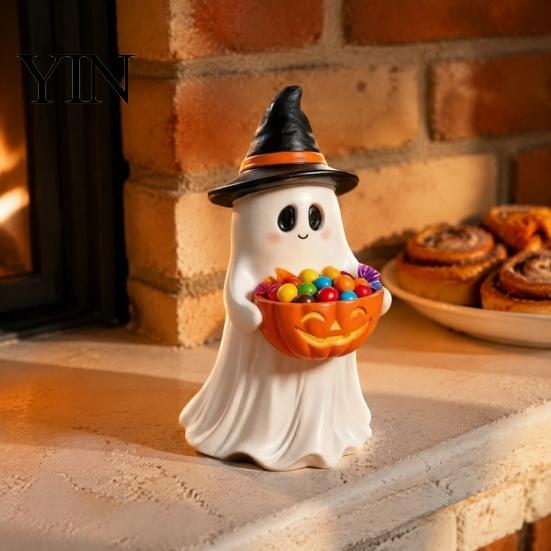 Decorative Figures for Living Room Resin Ghost Statue with Pumpkin Candy Bowl Halloween Table Decor, Small Figurines Bedroom Cute Desktop Organizer