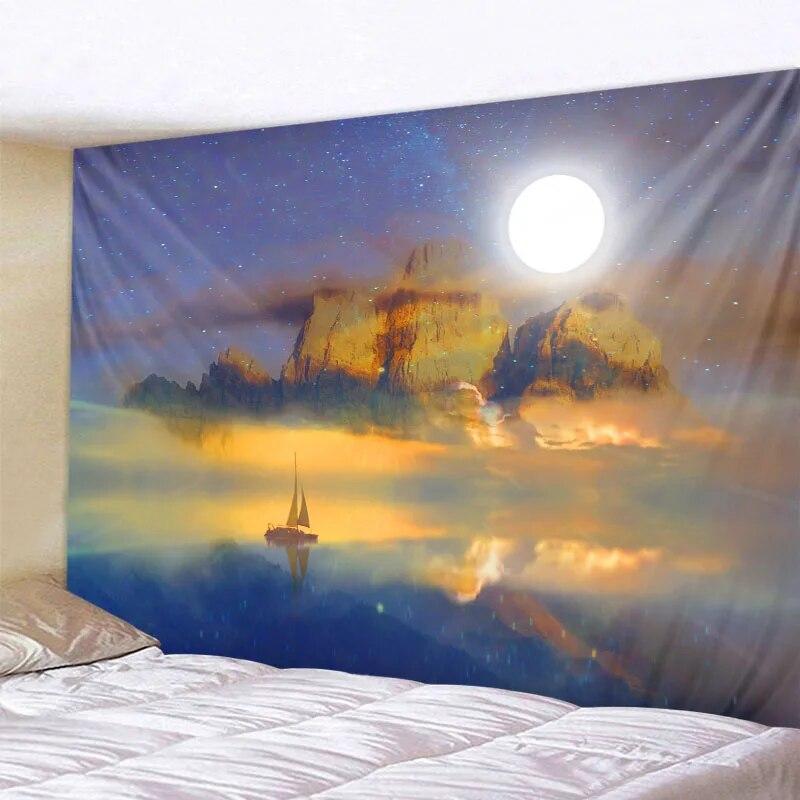 Galaxy Night Sky Tapestry Moon Night Starry Sky Scenery Tapestry Bohemian Psychedelic Home Living Room Bedroom Decoration