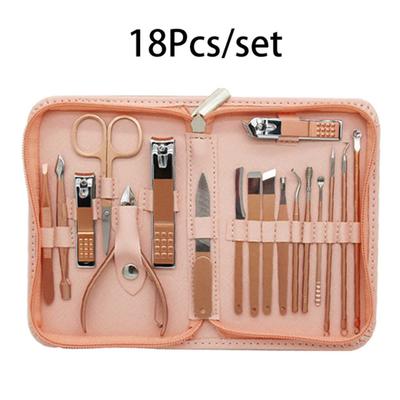 Ensemble Rose 9/18 pièces en acier inoxydable comprenant un coupe-ongles et des ciseaux de pédicure - Kit portable pour manucure et pédicure avec crochet aigle