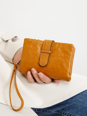 Retro Short Style Small Wallet, Women's 100% PU Leather Folding Wallet with Multiple Card Slots and Zipper Pockets