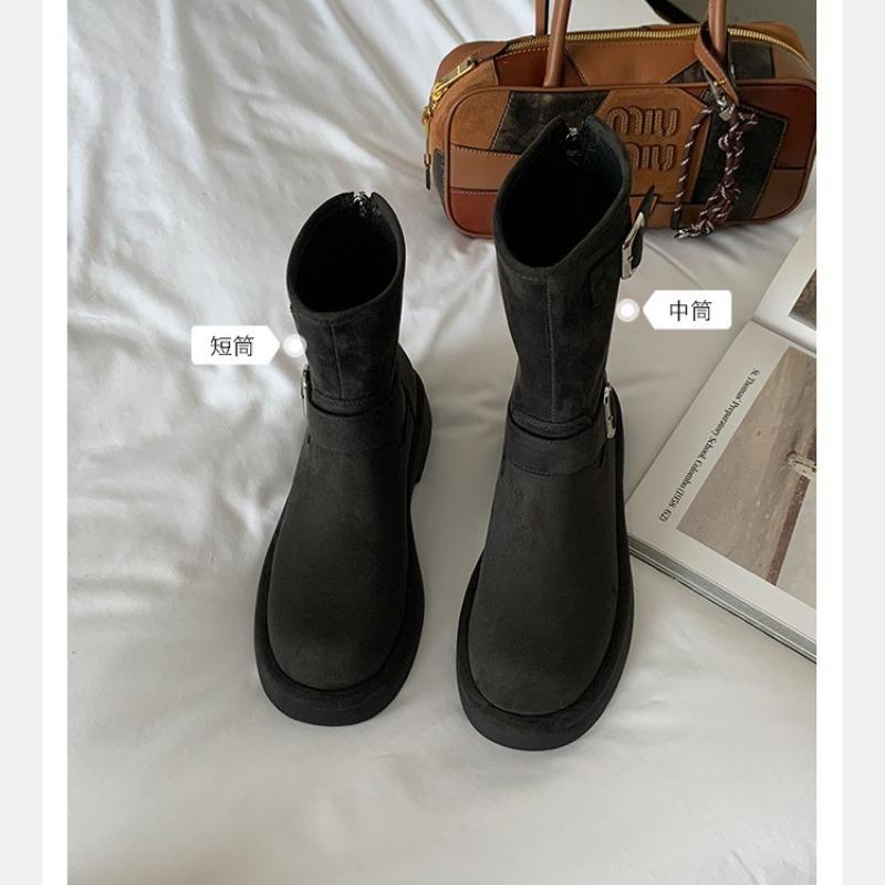 ~ New Retro Locomotive Buckle with Round Head Thick Sole Heightening Medium Tube Short Boots Autumn and Winter Women