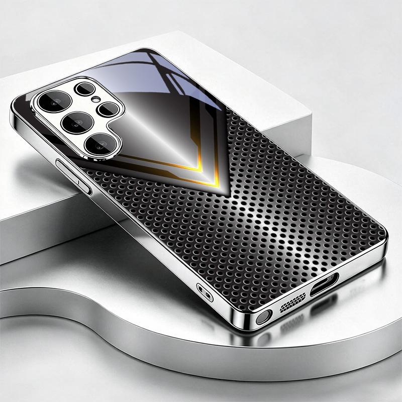 Metal V‑Shape Perforated Tech Electroplated Silver Phone Case For Samsung A31 A51 A71 A12 A22 A32 A42 A52 A06 A16 A17 A37 Cover