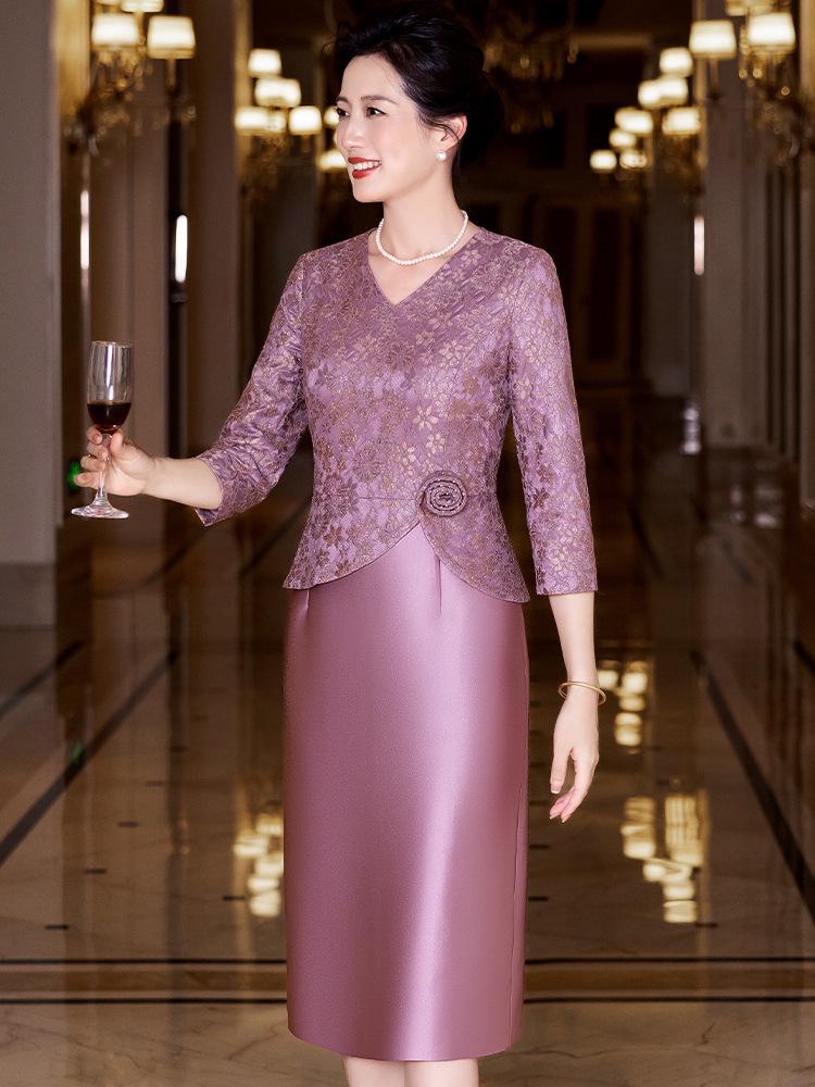 2025 Autumn Elegant V-neck Slimming Purple Lace Dress for Young Moms