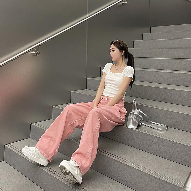 IELGY Korean Version Of The High-waisted Slim And Versatile Loose-fitting Buckle Design Wide-leg Straight-leg Jeans