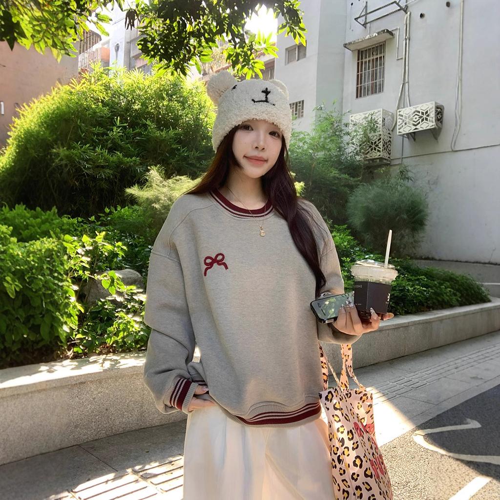 Damen Rundhals Langarm Sweatshirt Lockerer Schnitt Koreanisches Lässiges Oberteil Fleecegefüttert Schleifenstickerei Farbblock Gestreift Winter Warm Pullover