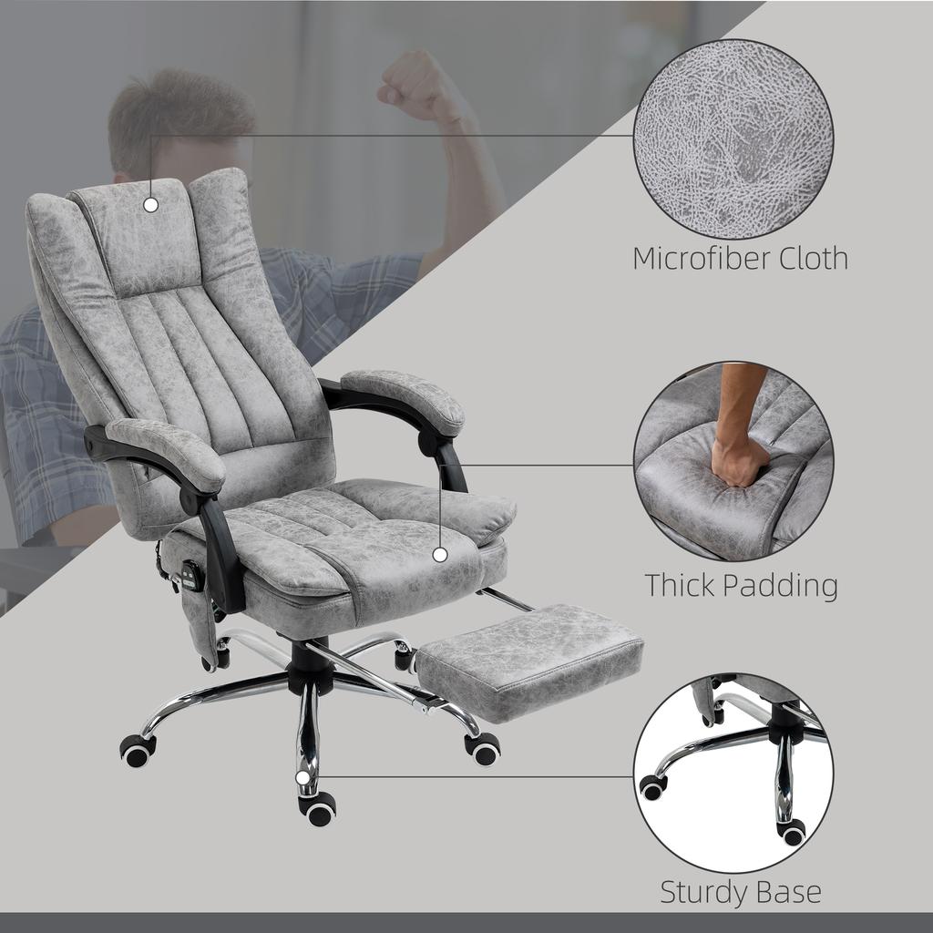 Office Chair with Massage and Heat, Microfibre Reclining Computer Desk Chair with Footrest and Adjustable Height, Swivel Wheels for Home Office, Grey