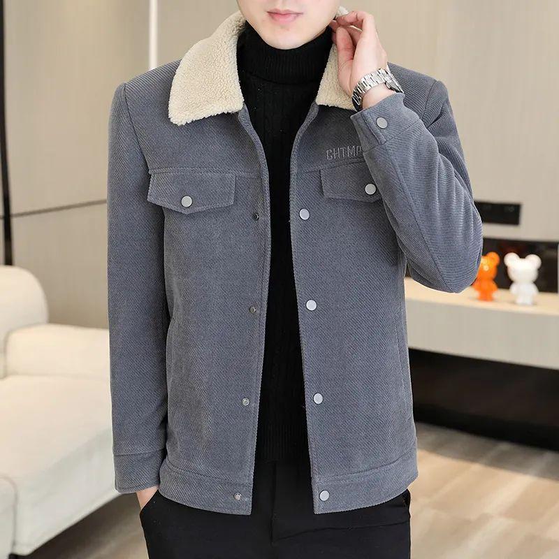 Men's Autumn and Winter Lapel Jacket, Solid-colored Woolen Coat with A Fur Collar and Fleece for Warmth