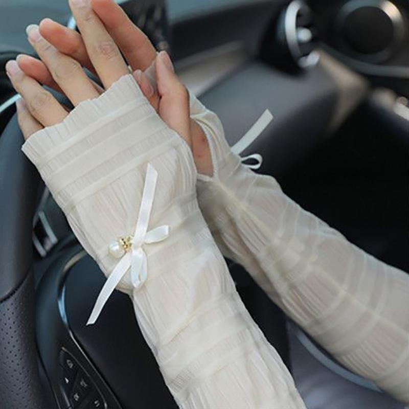 Outdoor Sun Protection Women Bow Long Ice Seeves Sun Protection Sleeves Thin Gloves Summer Pearl Sleeves Sunscreen Accessories