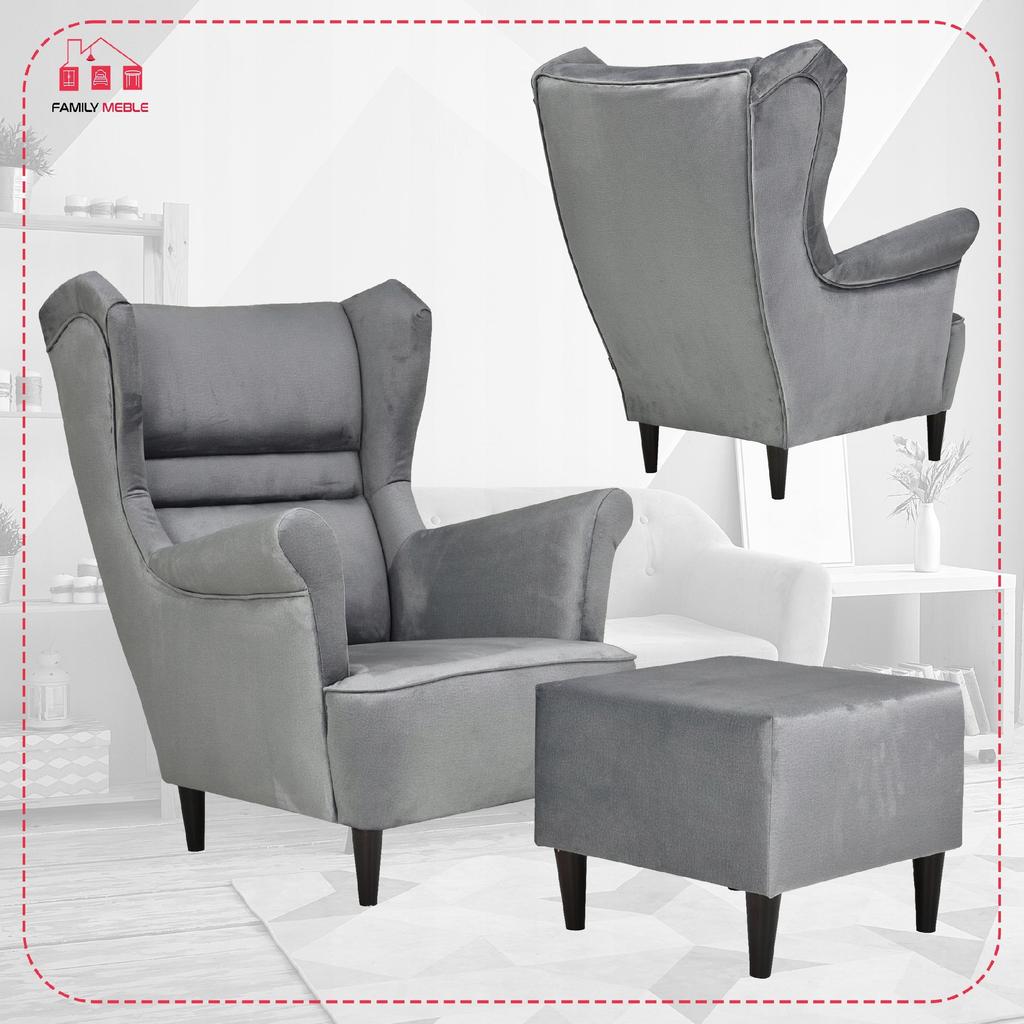Zoja Wing Chair with Footrest Scandinavian Family Meble Ash Pouf