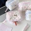 Quilted Makeup Bag Lace Bow Zipper Ruffles Pen Bag Sweet Toiletry Case  for Women Girls