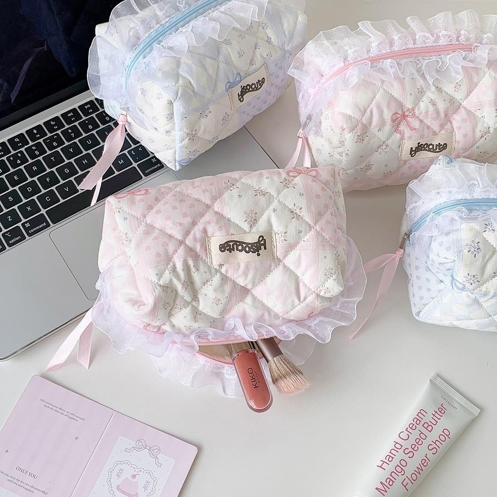 Quilted Makeup Bag Lace Bow Zipper Ruffles Pen Bag Sweet Toiletry Case for Women Girls