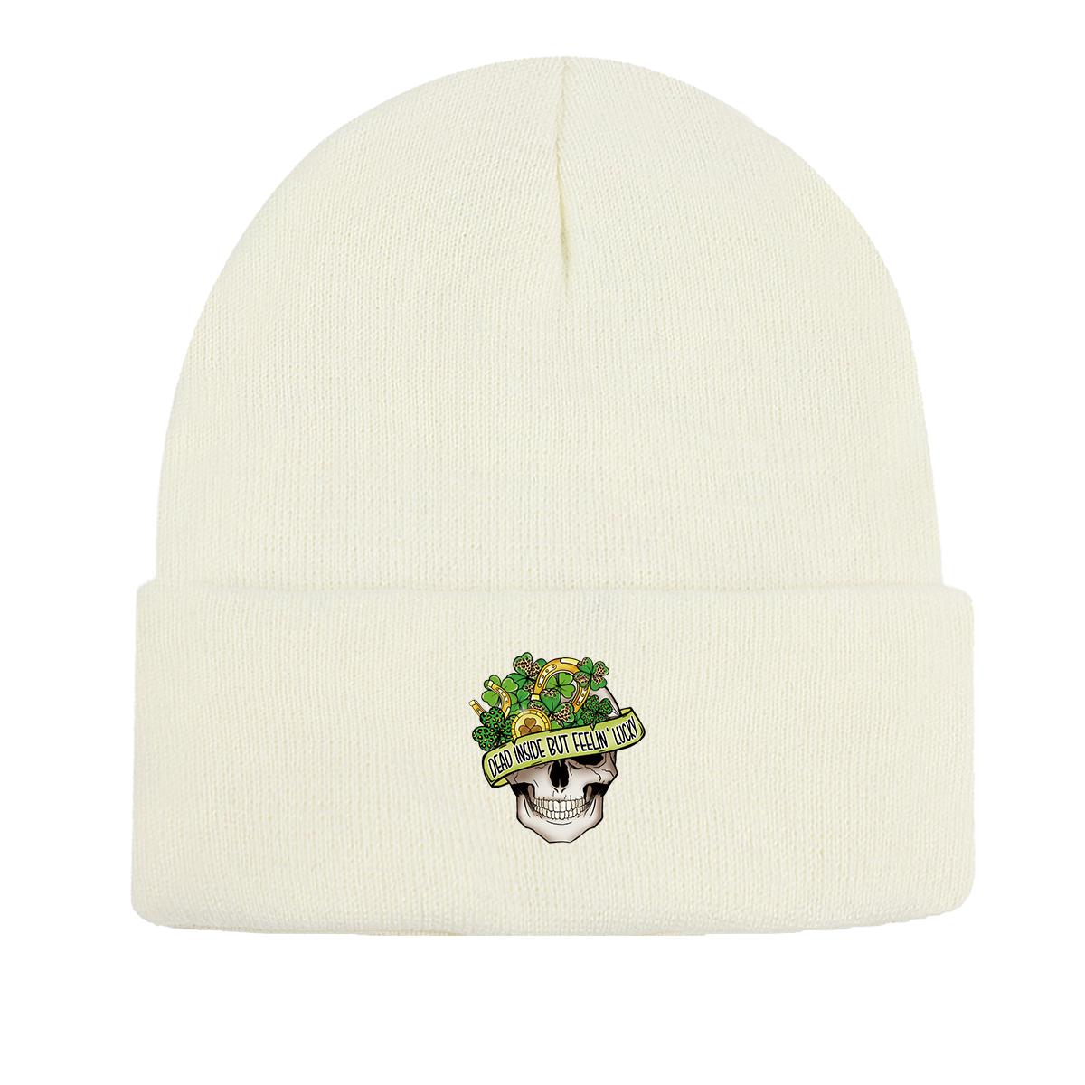 

Вязаная шапка с принтом в виде четырехлистного клевера и черепа, DEAD INSIDE St. День святого Патрика Skullies Beanies Stretchy Slouchy Headwear Gorro Knitted Hat Beanie as the picture белый