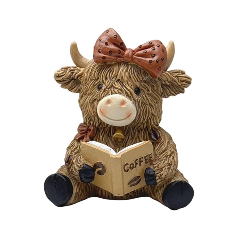 

Coffee Highlands Cow Figurines Farmhouse Decors,Resins Animal Statue Table Ornament Garden Bookshelfs Decors Calf Lover