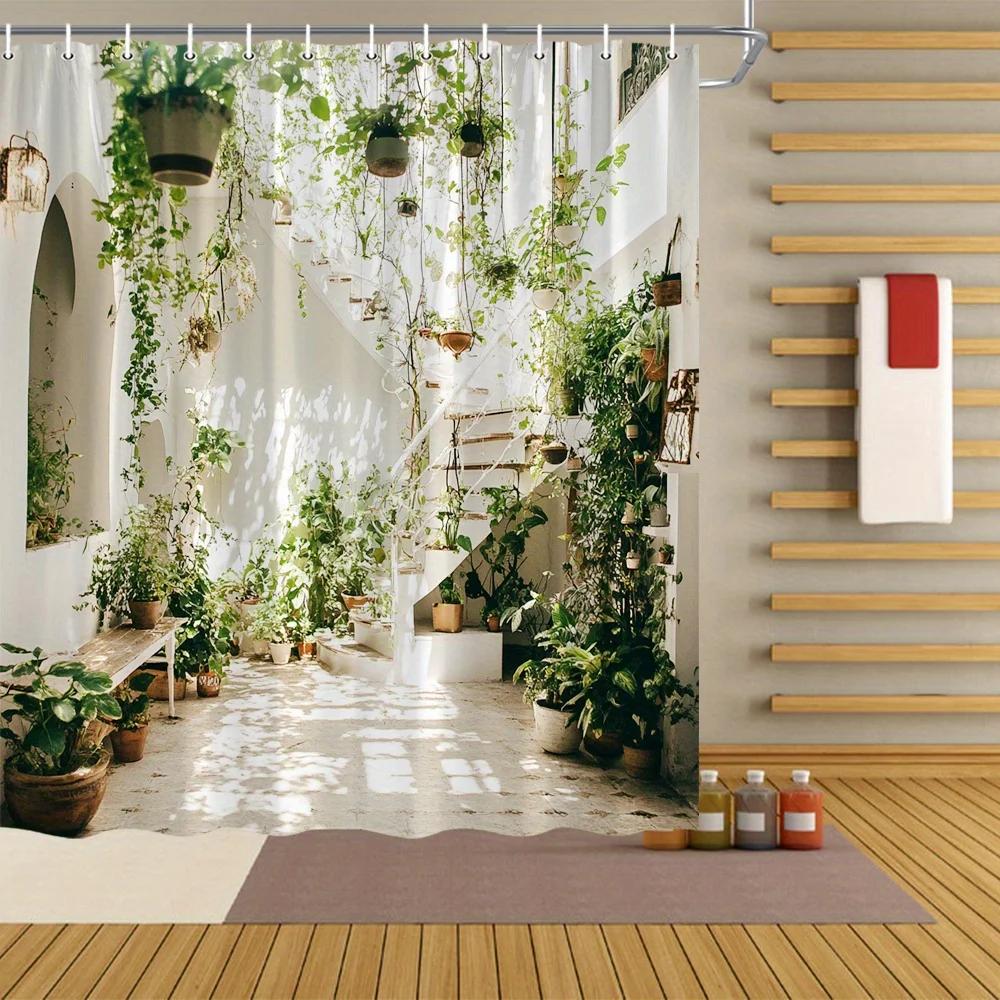 

1 шт. Занавеска для душа - Внутренний сад с подвесными растениями и дизайном лестницы для естественной ванной комнаты, водонепроницаемая 90x180cm