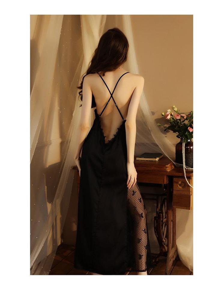 French-Style Backless Nightgown with Built-In Bra, Deep V-Neck, Spaghetti Straps, High Slit, and Mesh - Pure, Alluring, Sexy.