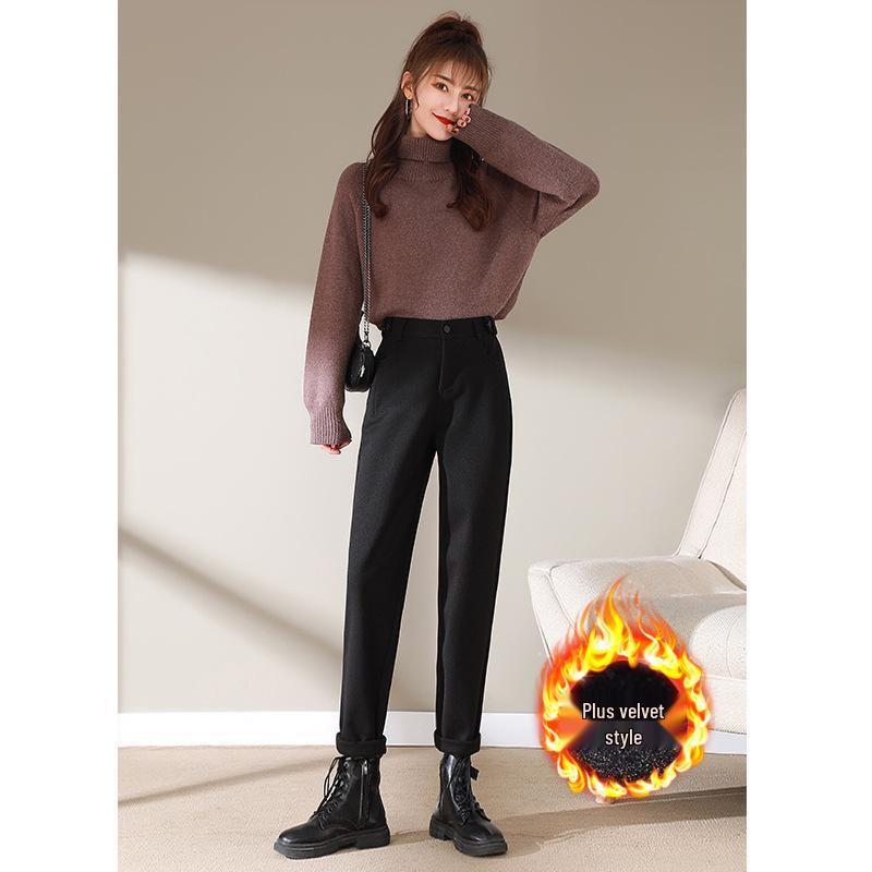 Women's Black Wool Fleece-Lined High Waist Loose Straight-Leg Harem Pants for Autumn and Winter