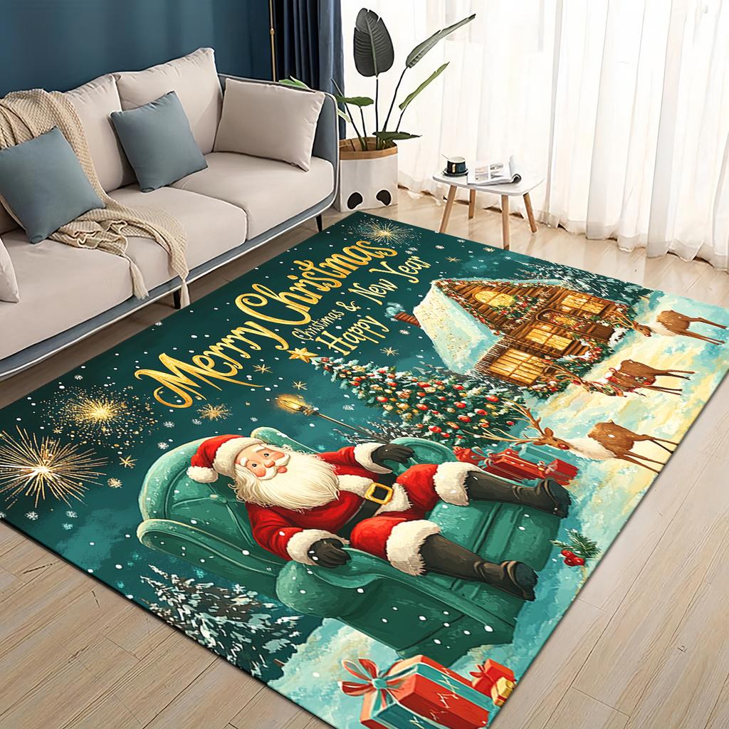 Merry Christmas Cartoon Santa Claus Snowman New Year Gift Carpet Rug for Living Room Bedroom Home Sofa Decoration,Non-slip Mat