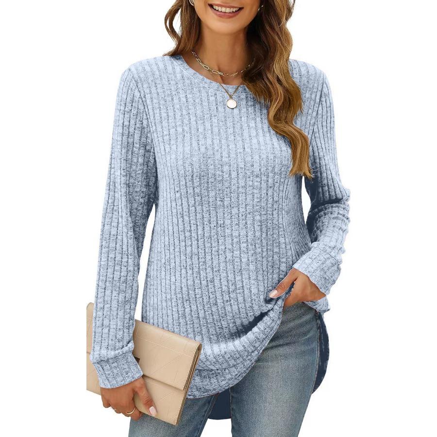 Autumn Winter Square Neck Stretch Rib Knit Top Solid Color Long Sleeve Loose T-shirt
