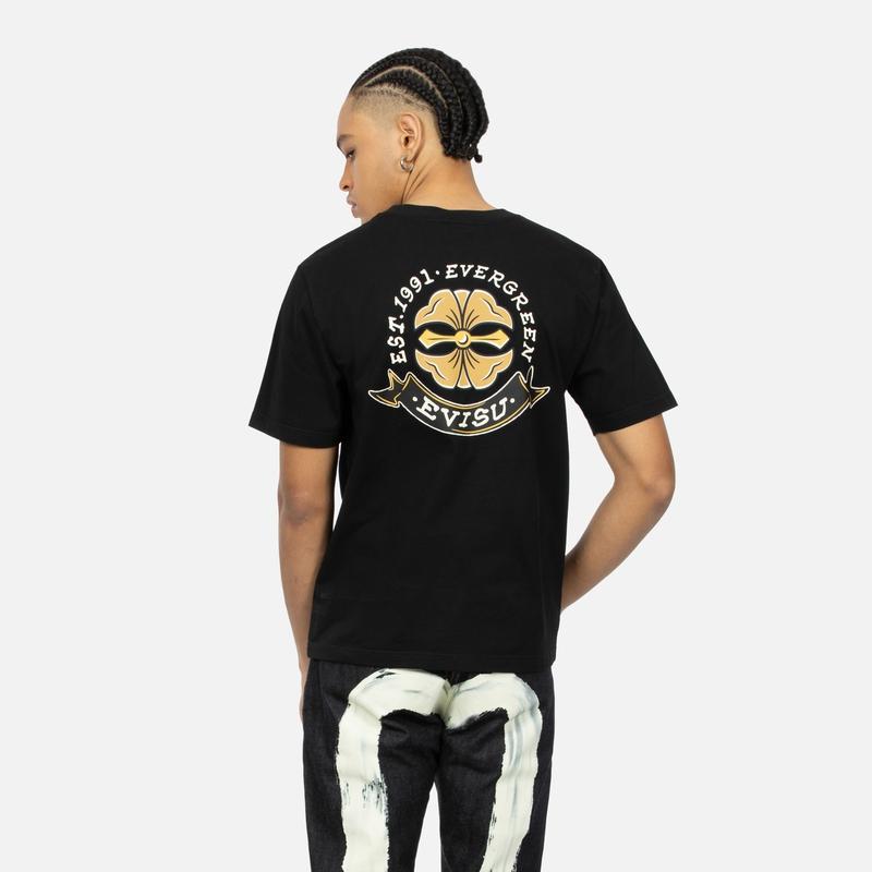 Evisu SS24 Ribbon Seagull And Family Flower Print Regular Fit T-Shirt Men T-Shirts Black 2ESHTM4TS1078XXCT