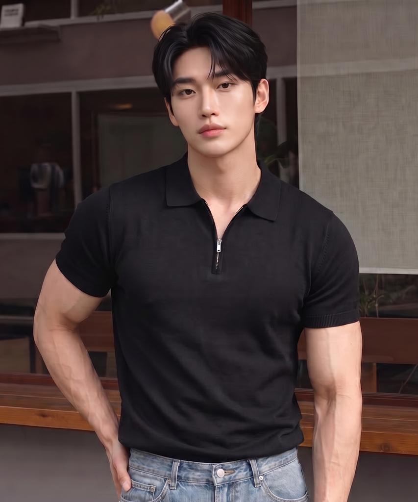 HERVINO Soft Half-Zip Muscle Fit Collared Short Sleeve Knit [Black]