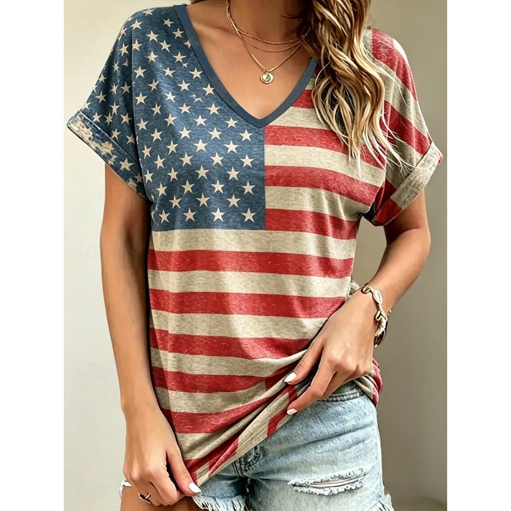 Damen Vintage Amerikanische Flagge Grafik V-Ausschnitt T-Shirt, Kurzarm Lässige Normale Oberteile, Tägliches Wochenend-Outfit im Frühling & Sommer