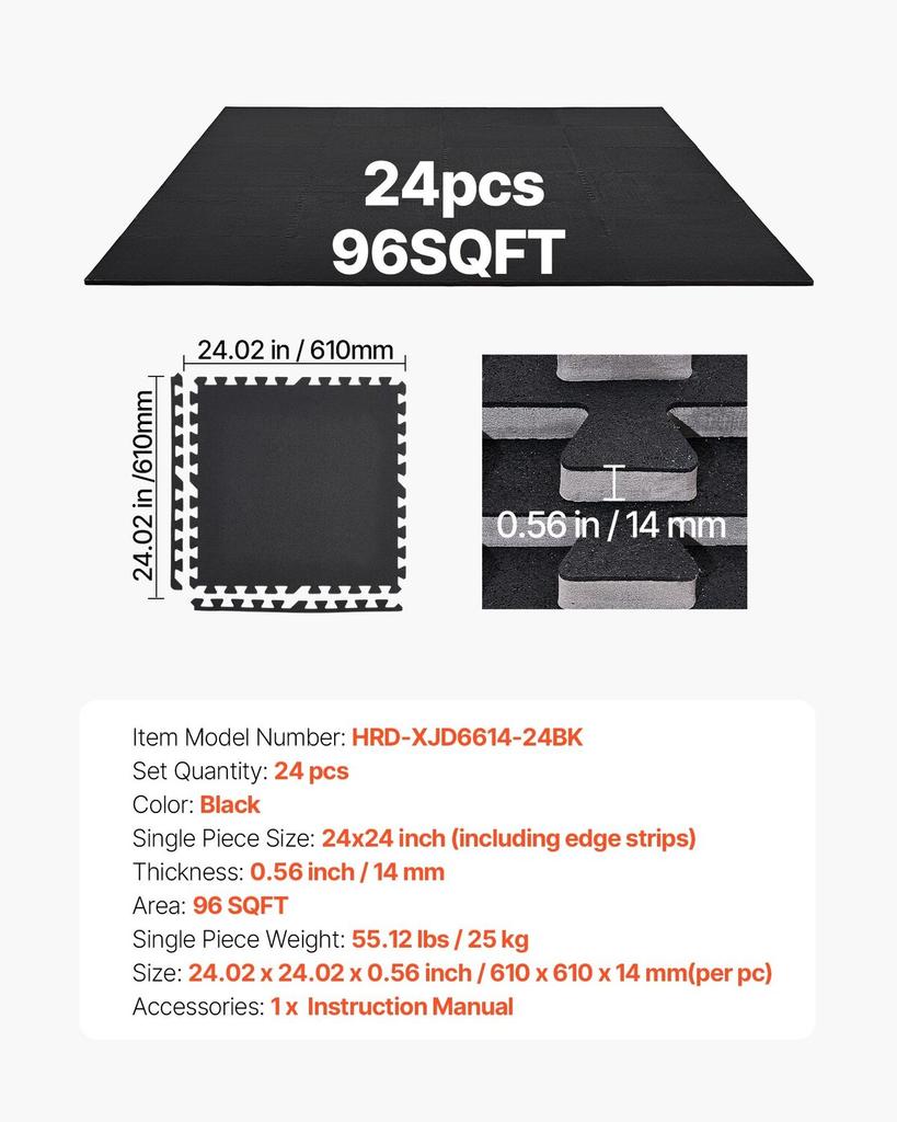 Puzzle Exercise Mat, 24 PCS Fitness Equipment Mats, 610 x 610 x 14 mm, High-Density EVA Foam Gym Mats Set, Interlocking Rubber Soft Tiles, Protective