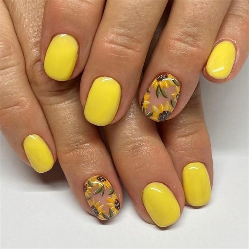 24x Glänzende Vollabdeckung Falsche Nägel Kurz Quadratisch Press-On Nägel Blumen Aufkleber Nägel Gelb Acryl Nägel