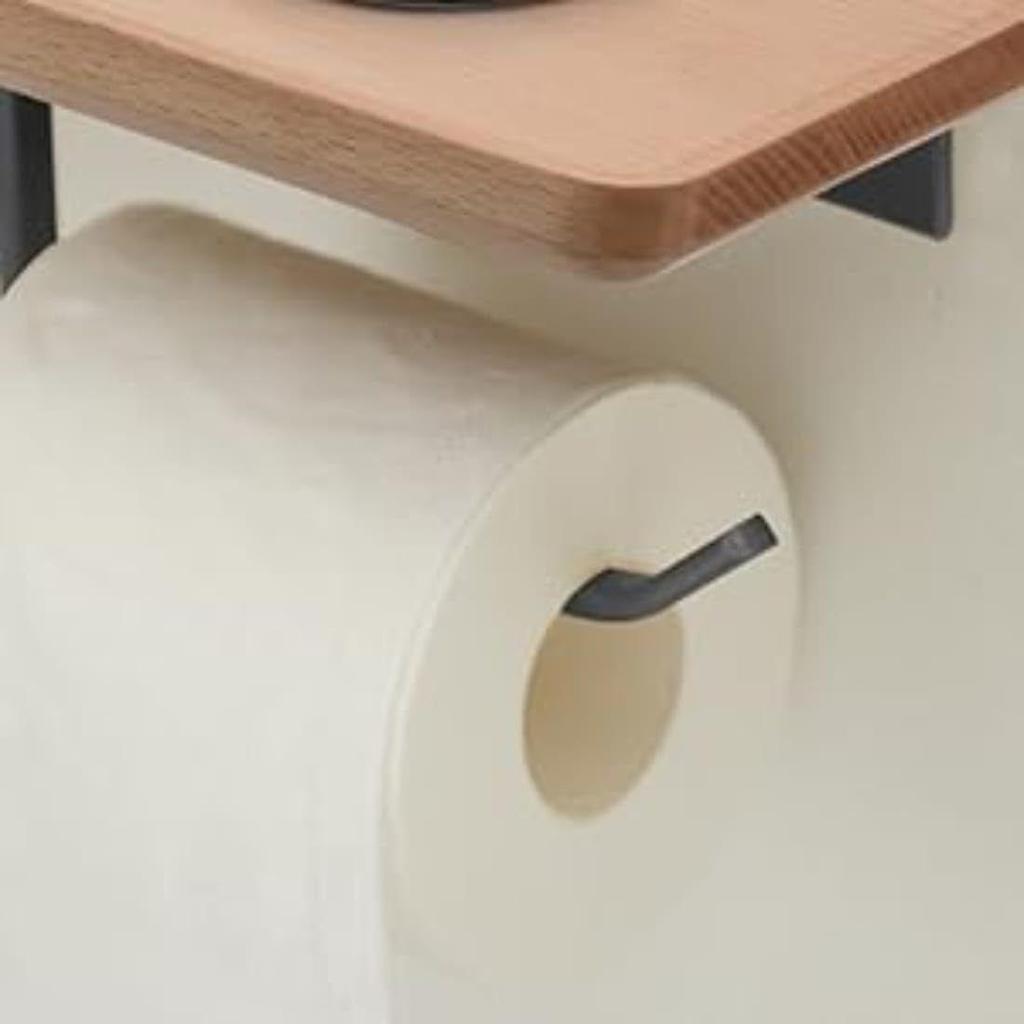 Heavy Duty and Premium Toilet Paper Holder with Shelf Black,Wooden Wall Mount Tissue Paper Roll Holder with Screw - Bathroom Accessories