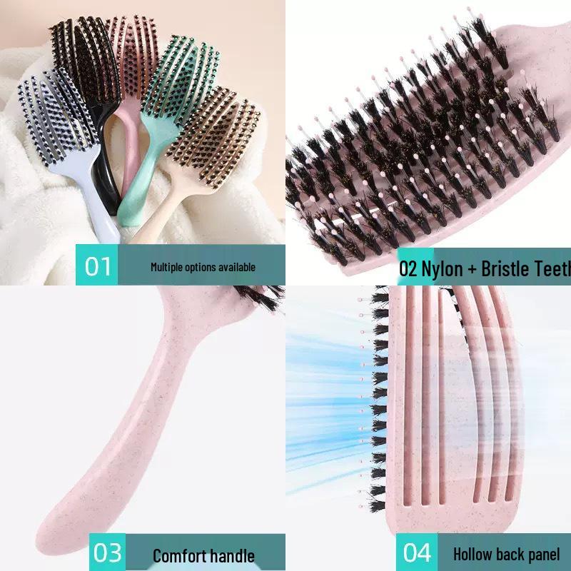 Pig Bristle Fluffy Styling Six-Claw Straightening Hollow Rib Massage Comb