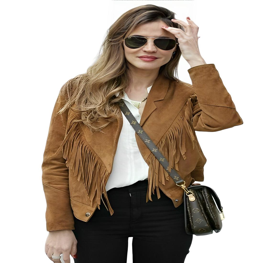 

Noora Women s Suede Leather Jacket Suede Fringe Brown Western Vintage Women s Coat Native American Wear Fringe Jacket XXXL коричневий