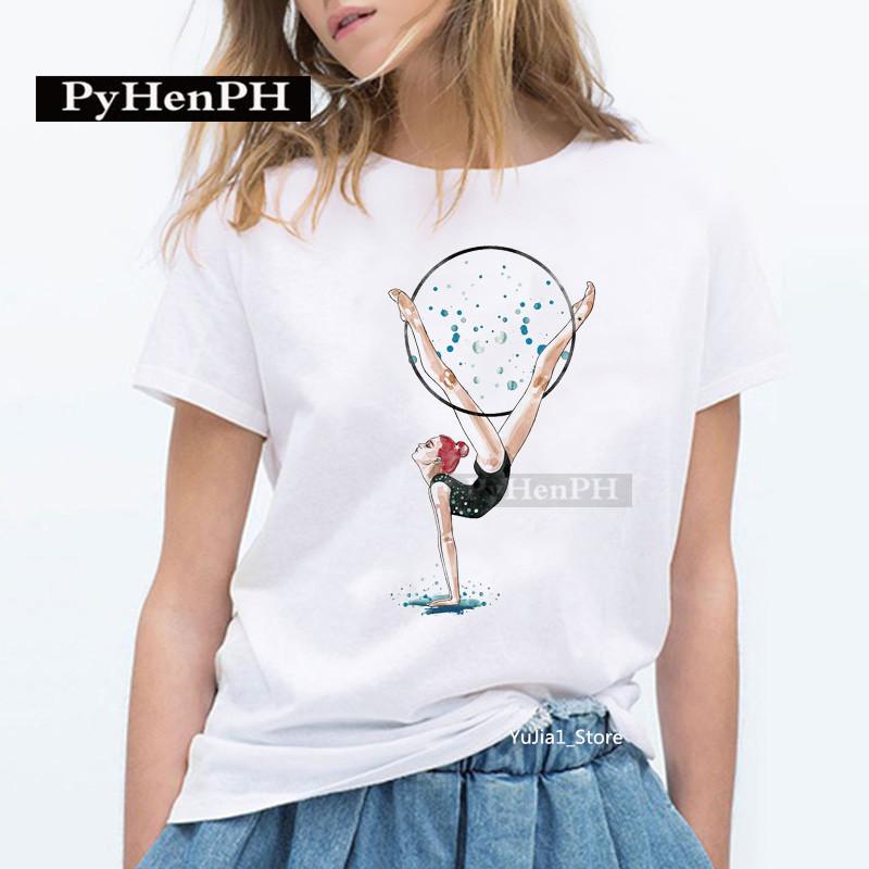 Elegant Ballet Print Short Sleeve T-shirt Women's Slim Fit Summer Top Modal Fabric Student Girl Fashion Polyester