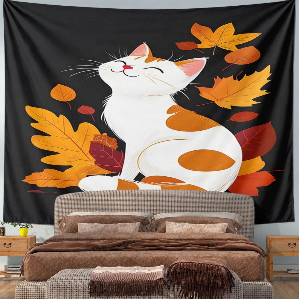 Autumn Cat with Falling Leaves Pattern Wall Hanging Tapestry Decorative Tapestry Home Decor for Bedroom and Living Room