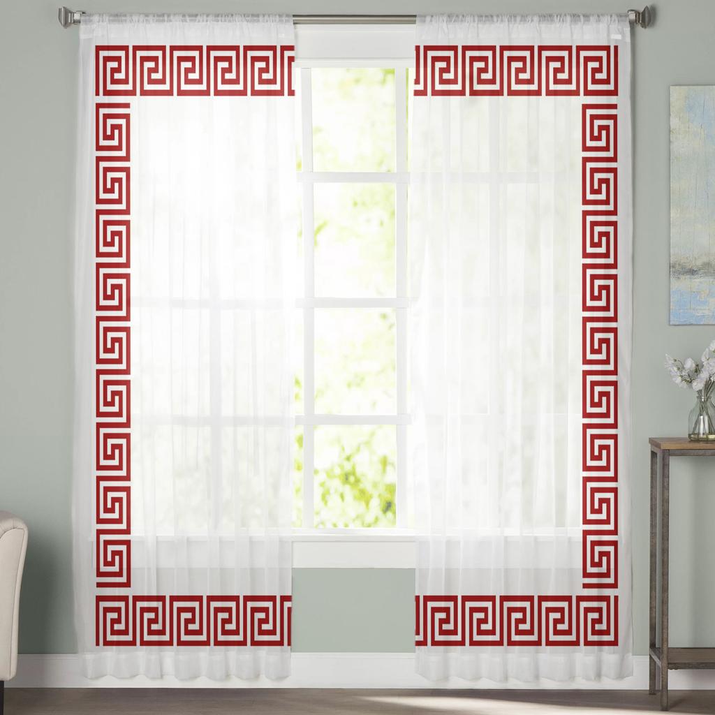 Cortinas Voile Transparentes con Patrón Geométrico Rojo de Llave Griega para Ventana de Salón, Cortina de Tul de Chifón para Cocina, Dormitorio, Cortinas Decorativas para el Hogar
