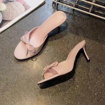 Απαλές Γαλλικές φιόγκοι με ανοιχτή μύτη, δροσερές παντόφλες με ψηλό τακούνι, γυναικείες 2024 καλοκαίρι νέες, για εξωτερική χρήση, για μετακινήσεις, ευέλικτες, με ιδιοσυγκρασία, μονόπατα παπούτσια