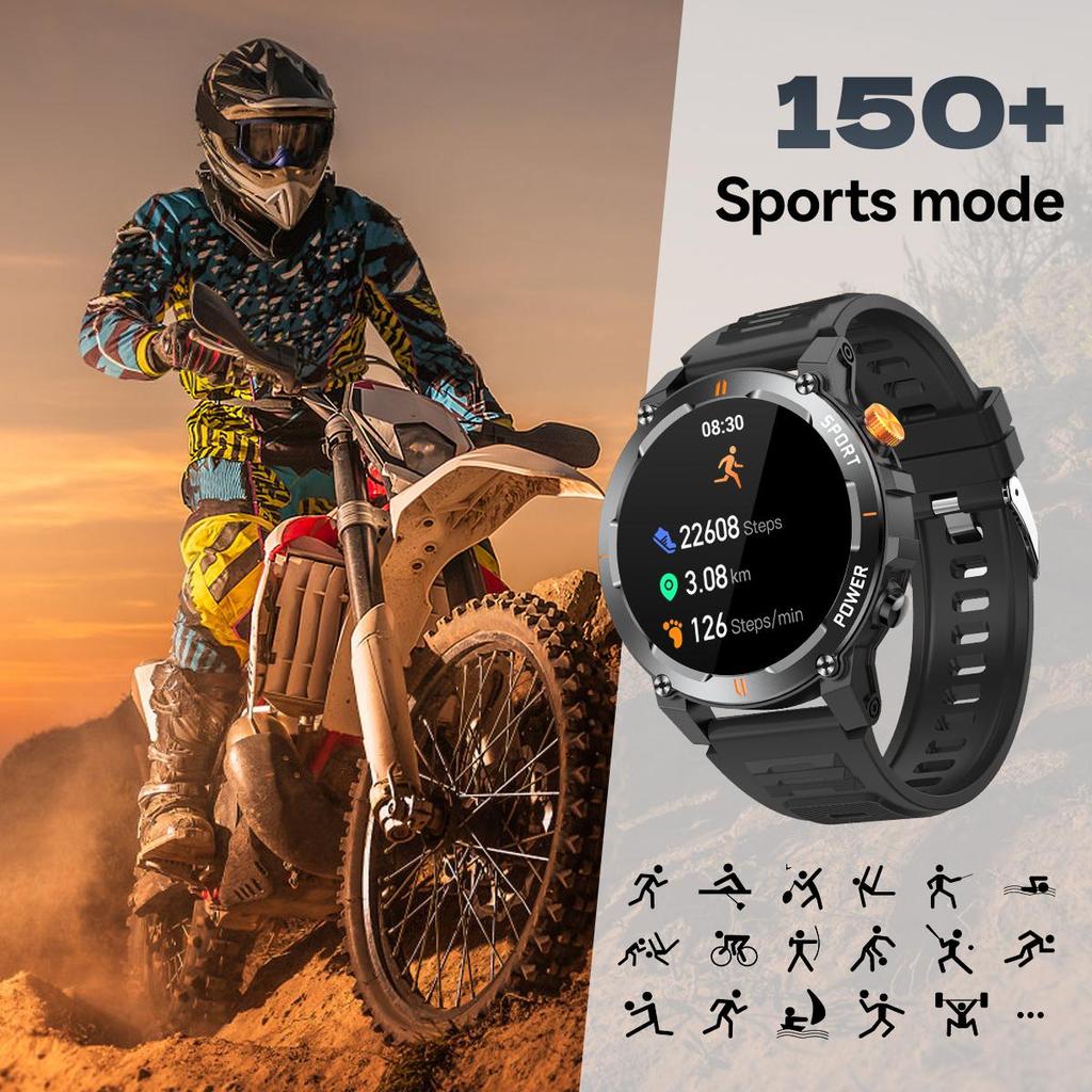 men smartwatch, Bluetooth call, LED Flashlight, IP67 waterproof fitness tracker, pedometer, music player, weather, outdoor sports fitness watch